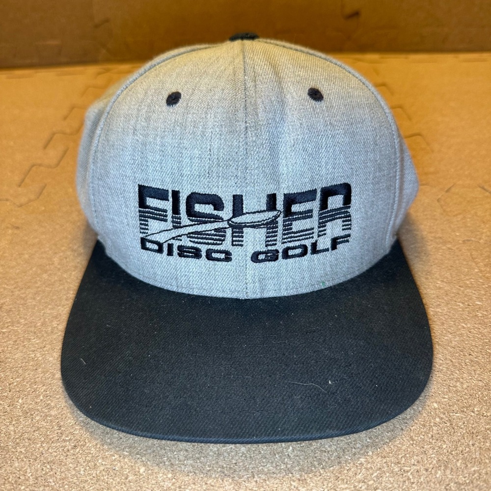 Yupoong Fisher Disc Golf Hat Mens OSFA Grey Black Snapback Flat Brim Wool Blend